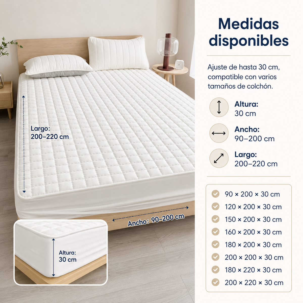 Waterdicht Matrasbeschermers Molton met Zachte Vulling 30 cm Hoog voor Eenpersoonsbed Tweepersoonsbed | Sulvida