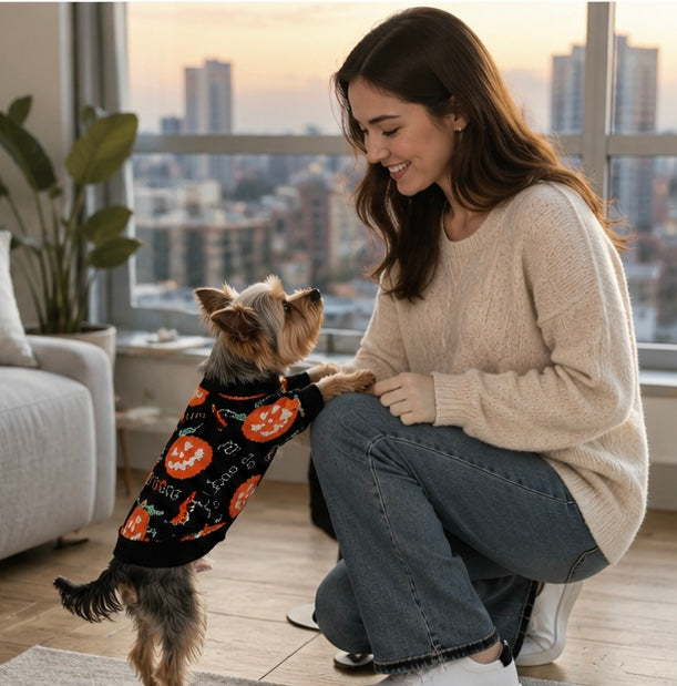 Gebreide Pompoen Huisdierentrui voor Katten en Honden – Warme Feestelijke Winterkleding voor Halloween | Sulvida