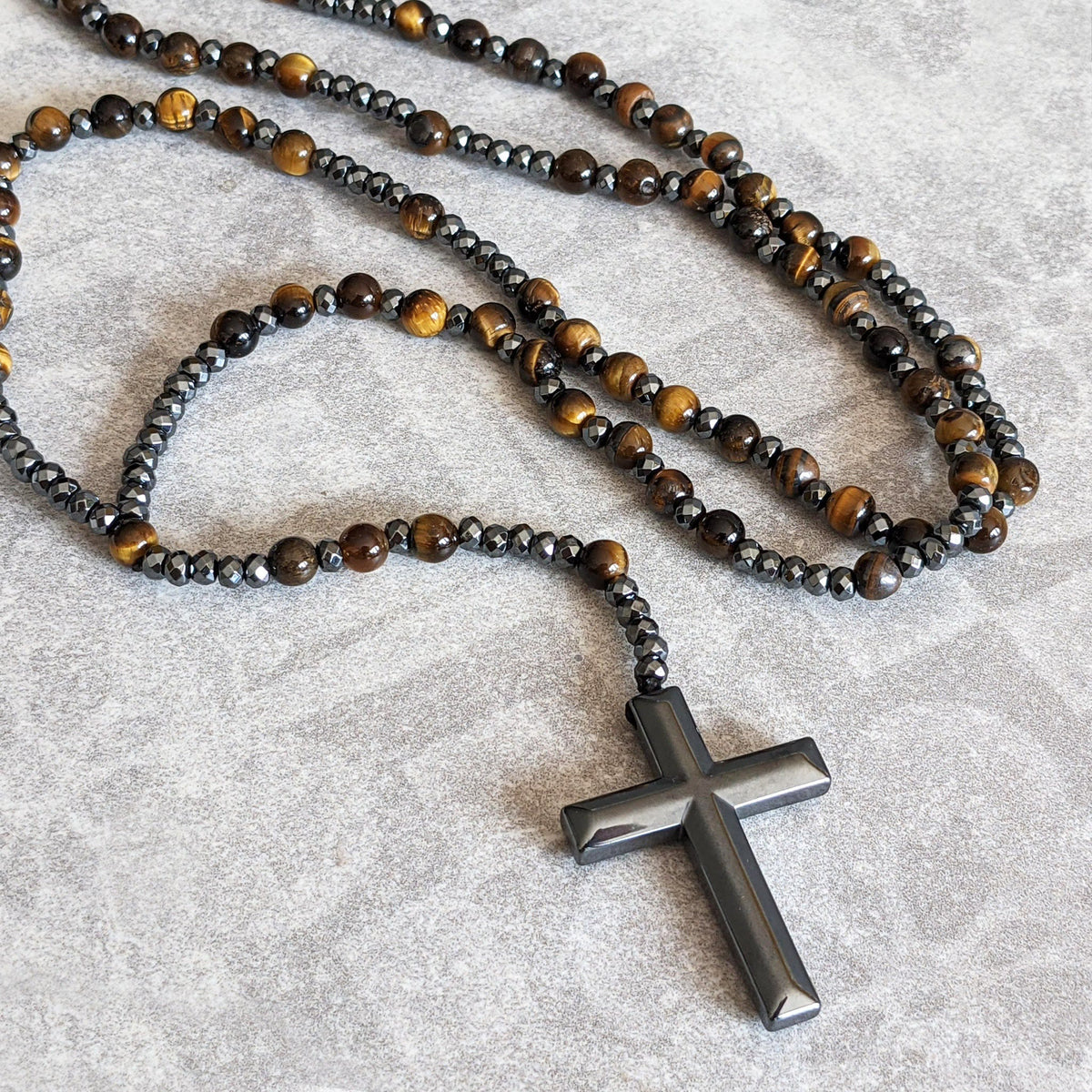 Collier chapelet pour homme en pierres naturelles, œil-de-tigre, lapis-lazuli, croix, perles, réglable, spirituel, bijou de prière | Sulvida