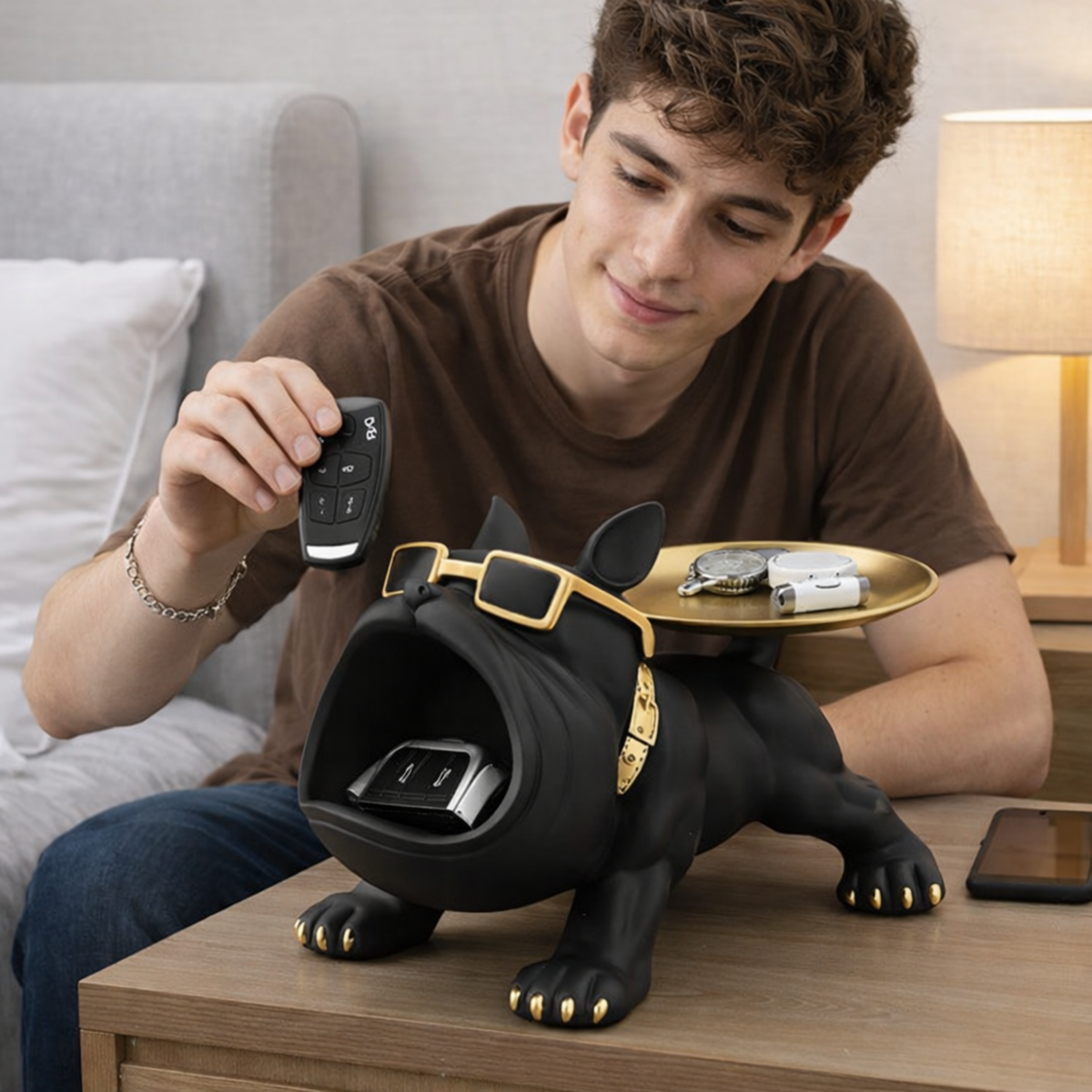 Bulldog Opbergbeeld Zwart Hars 30cm – Decoratieve Organizer Woonkamer Bureau Sculptuur Huisdier Cadeau | Sulvida