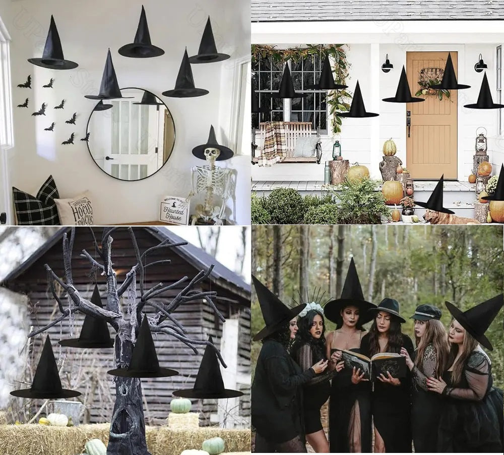Hangende Heksenhoeden Set Zwart met Touw Decoratie Feest Party Halloween Horror Thema Tuin Veranda Outdoor | Sulvida