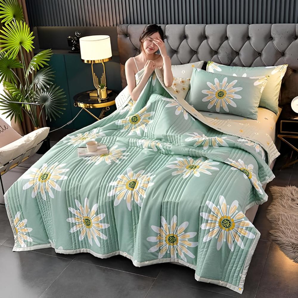 Dubbelzijdige plaid met madeliefjesmotief - zachte fleecedeken lamswol - groen geel decoratief woonkamer | Sulvida