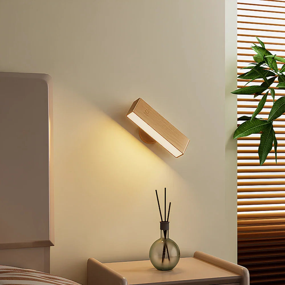 Draaibare Wandlamp Magnetisch Oplaadbaar met 360° Verstelbare Lampkop Touch Dimbaar Hout Design 3W LED Sfeerlicht | Sulvida