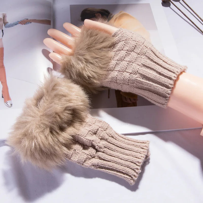 Vingerloze Handschoenen Dames Faux Fur Winter Pluche Wanten Gebreide Warme Touchscreen Winterhandschoenen | Sulvida