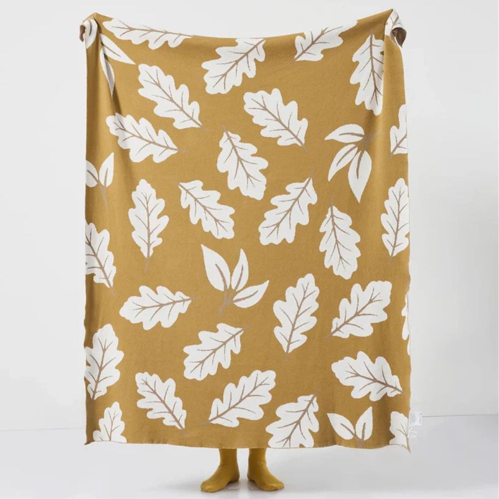 Gebreide Katoenen Plaid met Bladpatroon 130x160 cm Jacquard Deken voor Bed Bank Natuurlijk Botanisch Design | Sulvida