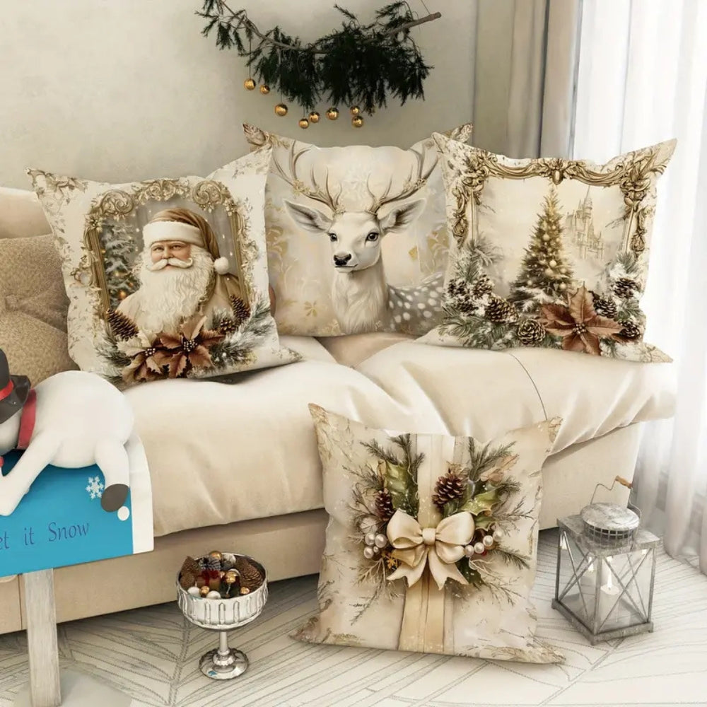 Fluwelen Kerstkussenhoes 45x45 cm Goudkleurig Kerstman Rendier Boom Strik Feestelijk Decoratief Sierkussen | Sulvida