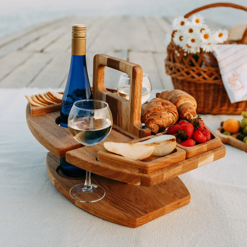 Opvouwbare Picknicktafel Eikenhout – Draagbare Wijnhouder met Vakken voor Strand Tuin Picknick Camping | Sulvida