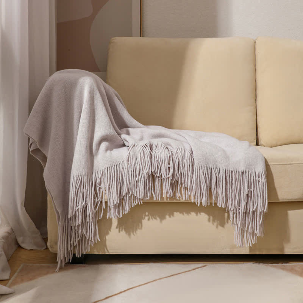 Gebreide Plaid met Kwastjes Taupe Bruin Grijs Woonkamer Slaapkamer Woonplaid Groot Formaat Acryl Deken | Sulvida
