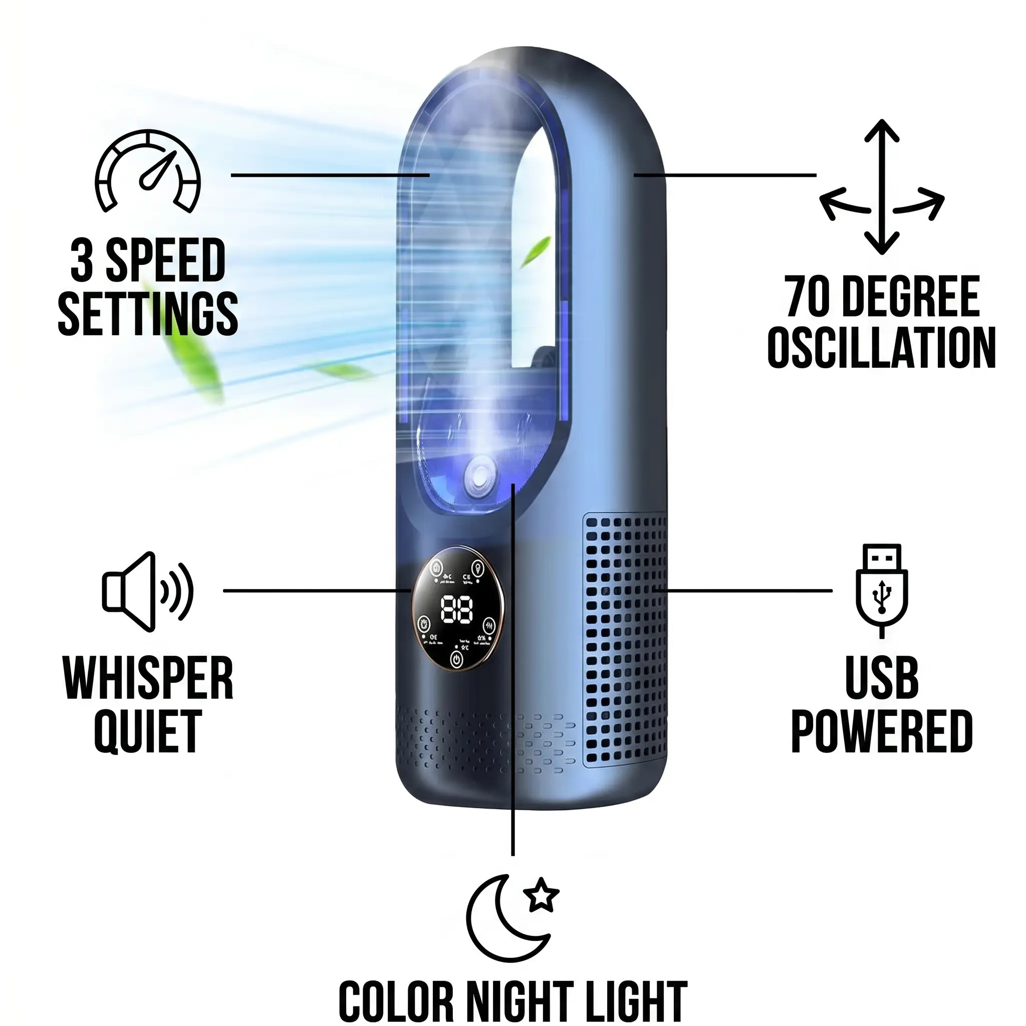 Draagbare Bladloze Ventilator met USB-Aansluiting – Stil Koelsysteem voor Thuis en Kantoor – 6 Snelheden met Timer | Sulvida