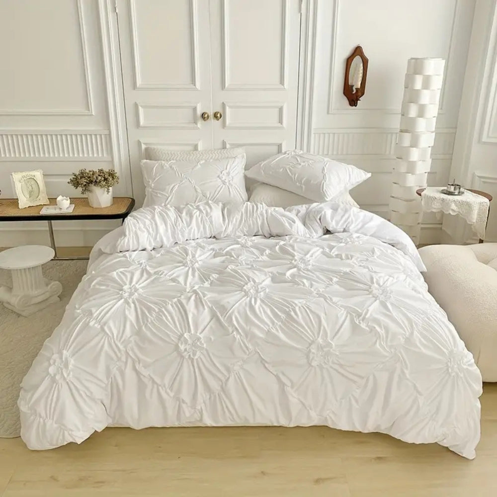 Ruffled Dekbedovertrek Set met Plooiwerk | Microfiber Beddengoed Luxe Bloem Design Tweepersoons Queen King | Sulvida