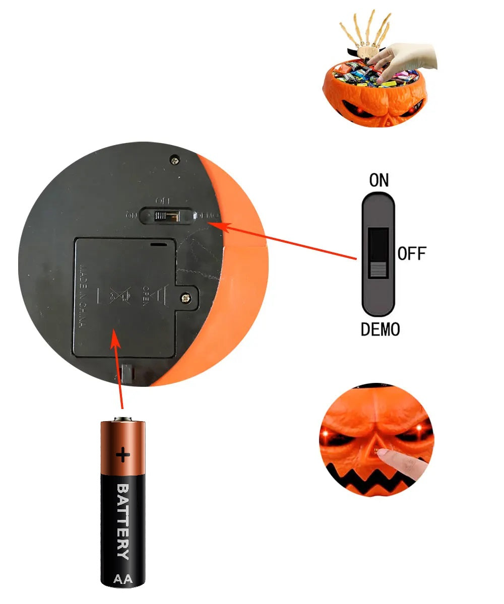 Geanimeerde Snoepschaal Pompoen met Bewegende Skelethand LED Ogen Halloween Decoratie Feest Griezelig | Sulvida