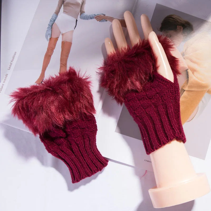 Vingerloze Handschoenen Dames Faux Fur Winter Pluche Wanten Gebreide Warme Touchscreen Winterhandschoenen | Sulvida