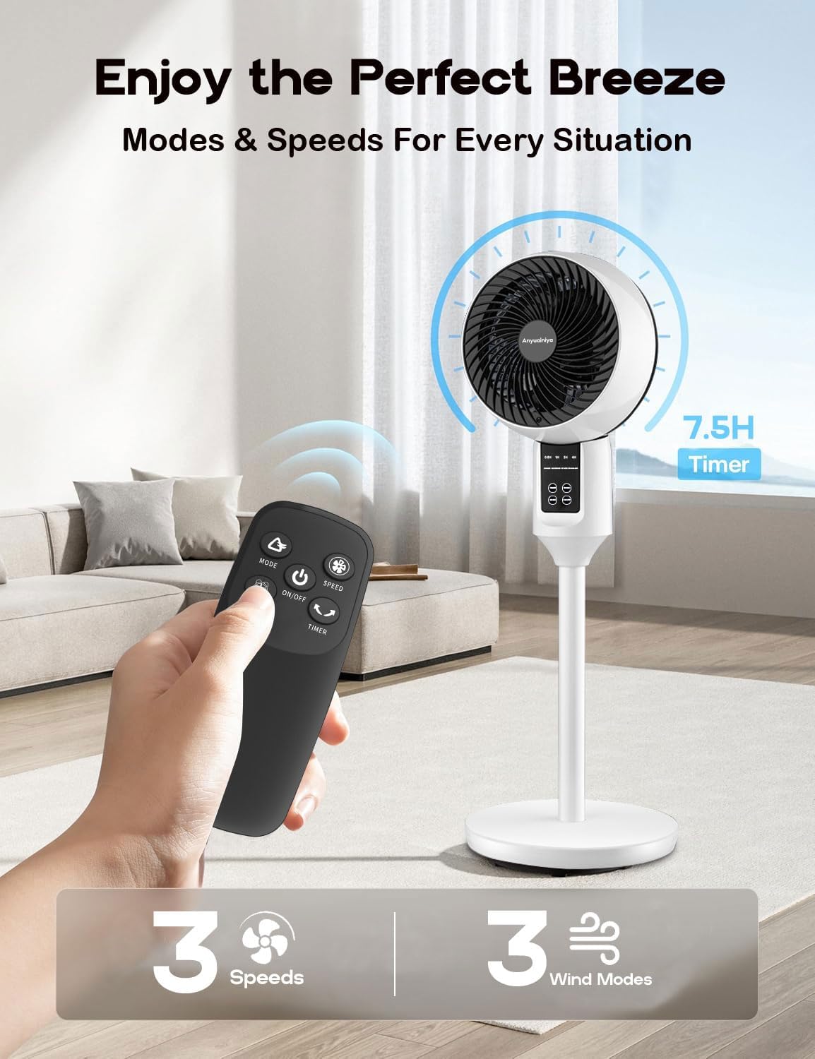 Verstelbare Staande Ventilator met 3D Luchtcirculatie en Afstandsbediening voor Slaapkamer Kantoor en Woonkamer | Sulvida