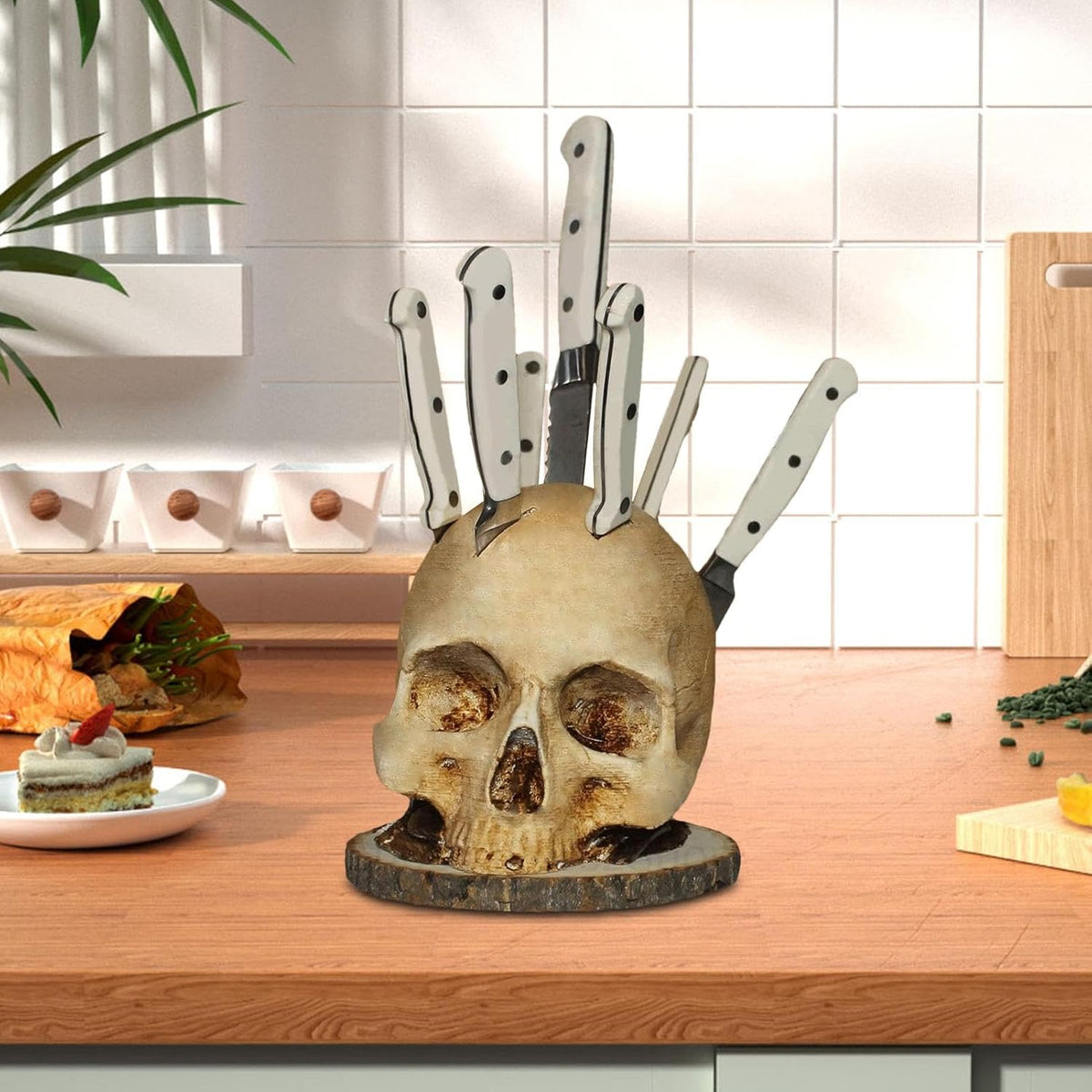 Schedelvormige Messenhouder Hars Gotische Keukenorganizer Skelet Opbergrek Decoratie Wit Messenblok Keuken | Sulvida