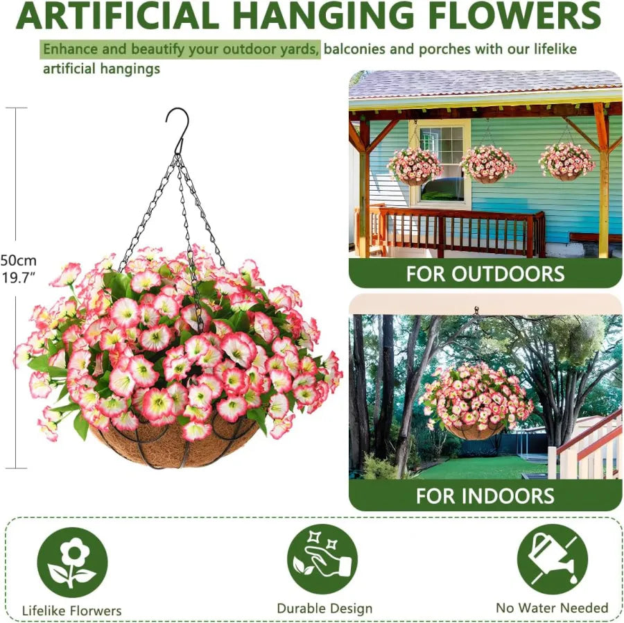 Panier suspendu de fleurs artificielles en soie et en plastique, résistant aux UV, pour décoration extérieure de balcon, terrasse, jardin et mur | Sulvida