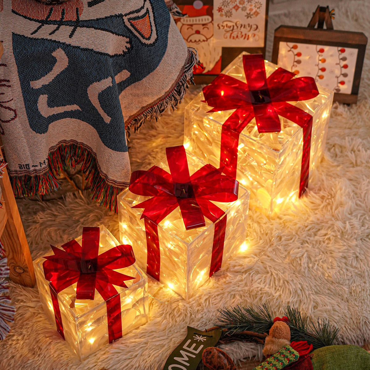 Verlichte Decoratiedozen Metaal Kerstsfeer Warmwit LED Set 3 Stuks Vrijstaand USB Feestdagen Sfeerverlichting | Sulvida