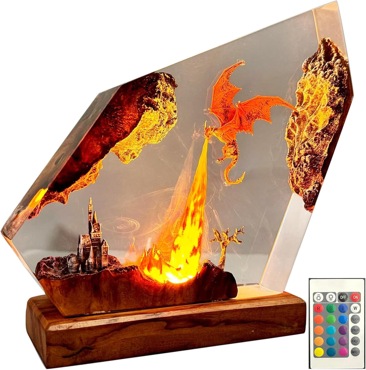 Draak Tafellamp met Vuureffect – Handgemaakte Hars Fantasy Verlichting Decoratief Sfeerlicht 14-21cm | Sulvida