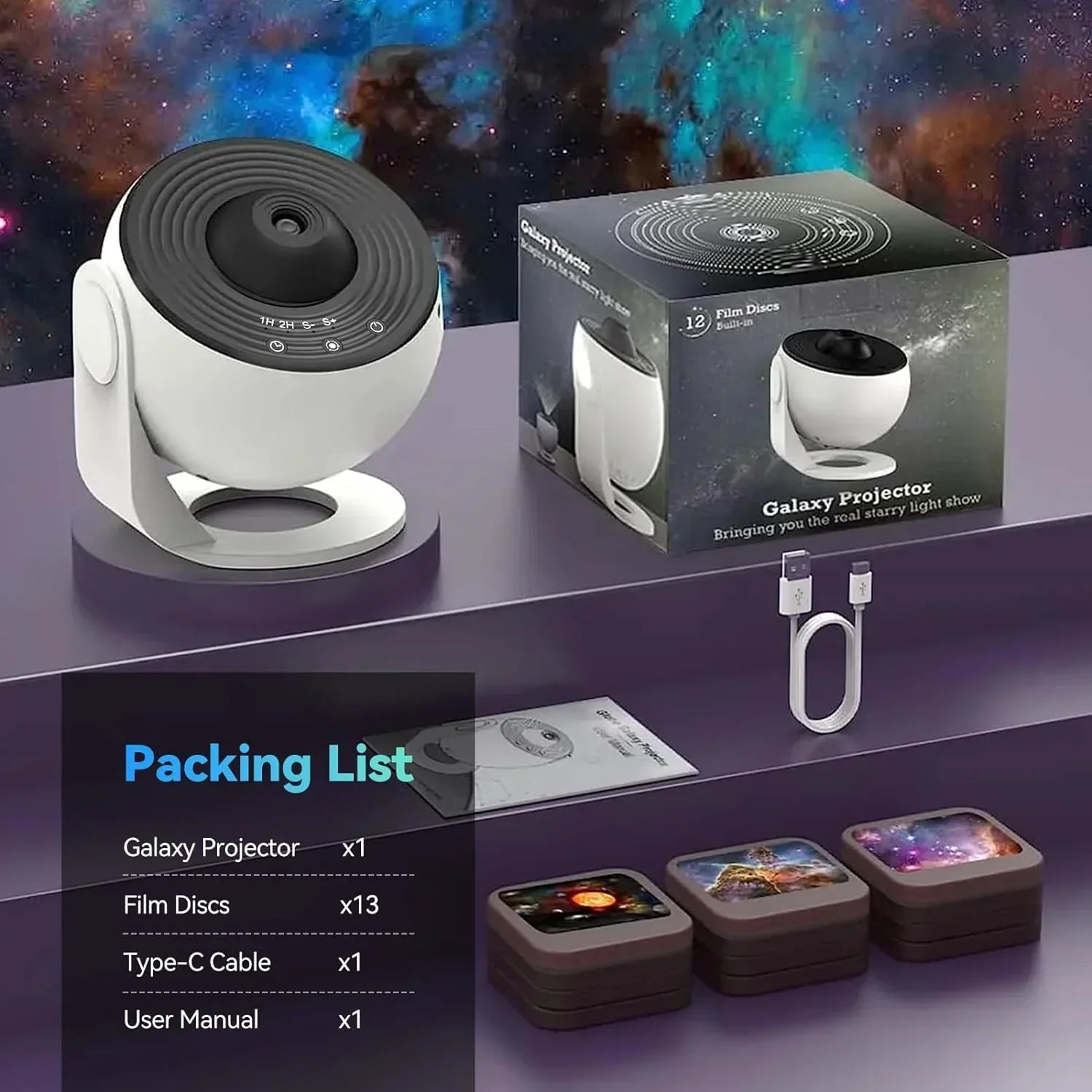 Sterrenprojector Galaxy Projector met 13 Verwisselbare Discs – Verwisselbare Projectiebol voor Kamer Sfeerverlichting Slaapkamer Universum Planetarium Hemel | Sulvida