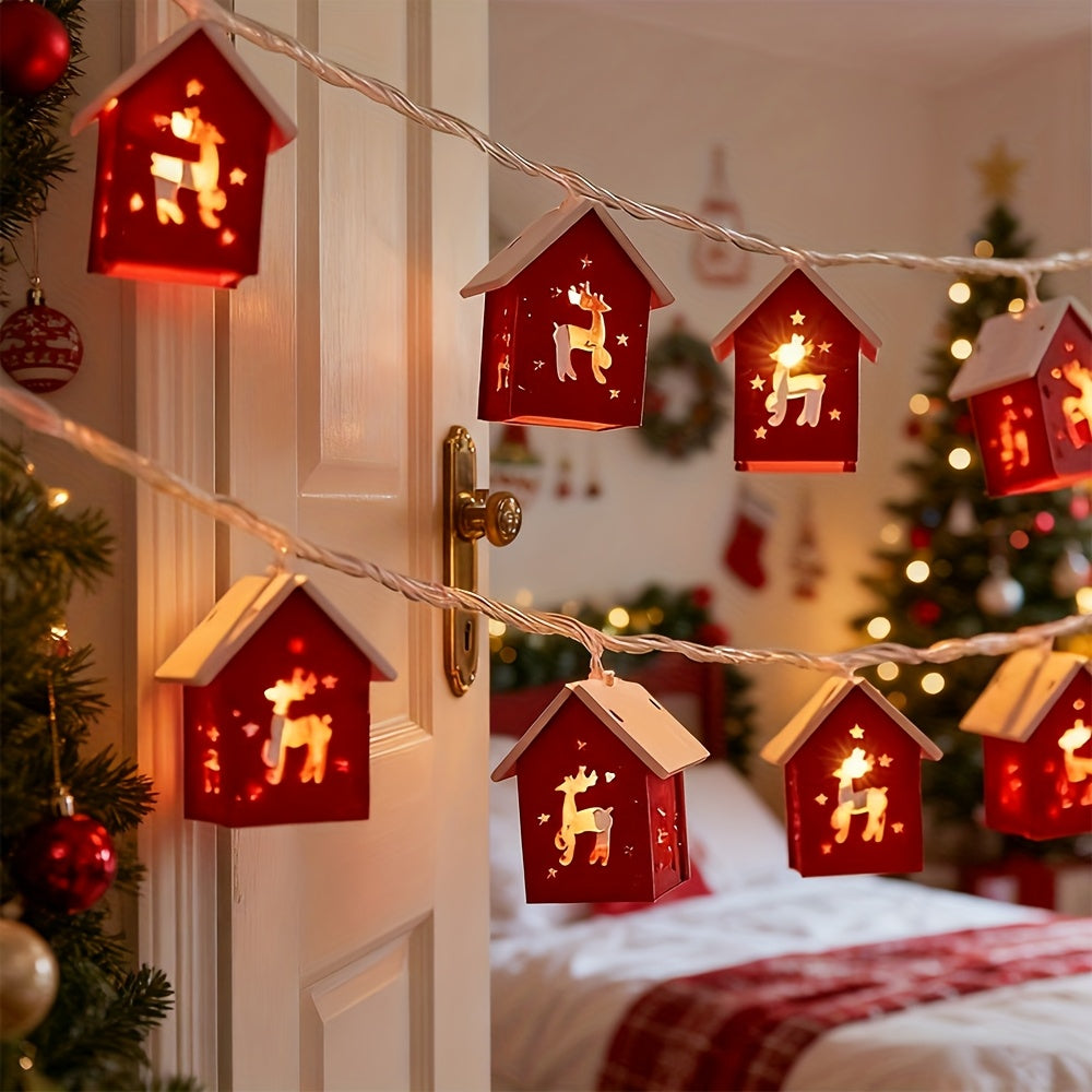 Houten Huisjes Lichtslinger Kerst met Warm LED Licht Sfeerverlichting Winterdecoratie Snoer 200 cm Kerstdecoratie | Sulvida