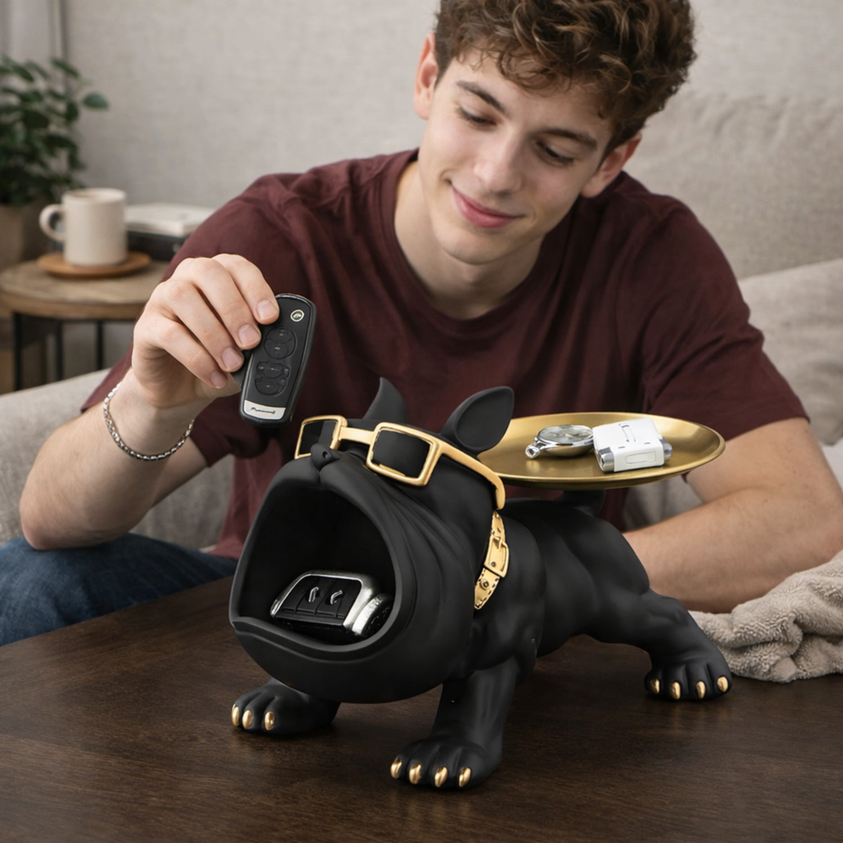 Bulldog Opbergbeeld Zwart Hars 30cm – Decoratieve Organizer Woonkamer Bureau Sculptuur Huisdier Cadeau | Sulvida