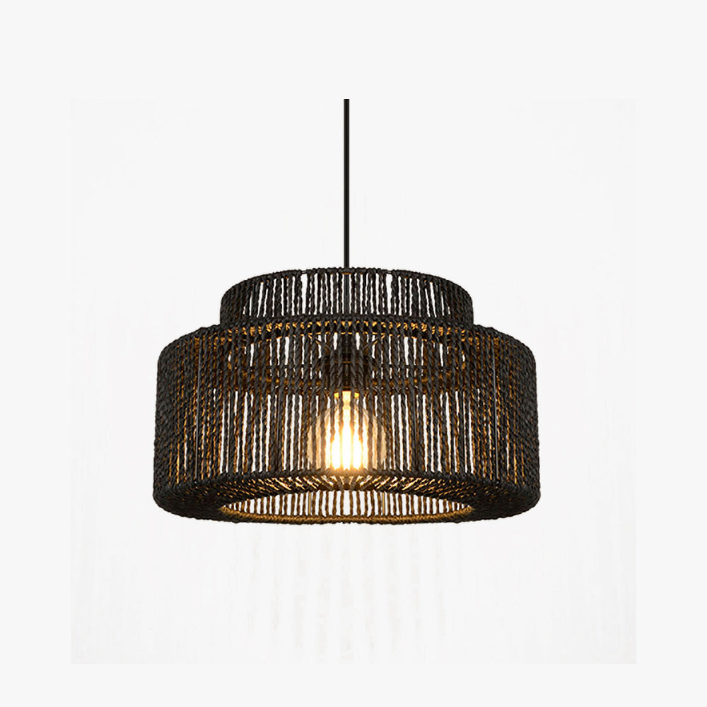 Rotan Hanglamp Zwart Trommel Landelijk Design Verstelbaar voor Woonkamer Eetkamer Rustiek Sfeervol Karakter | Sulvida