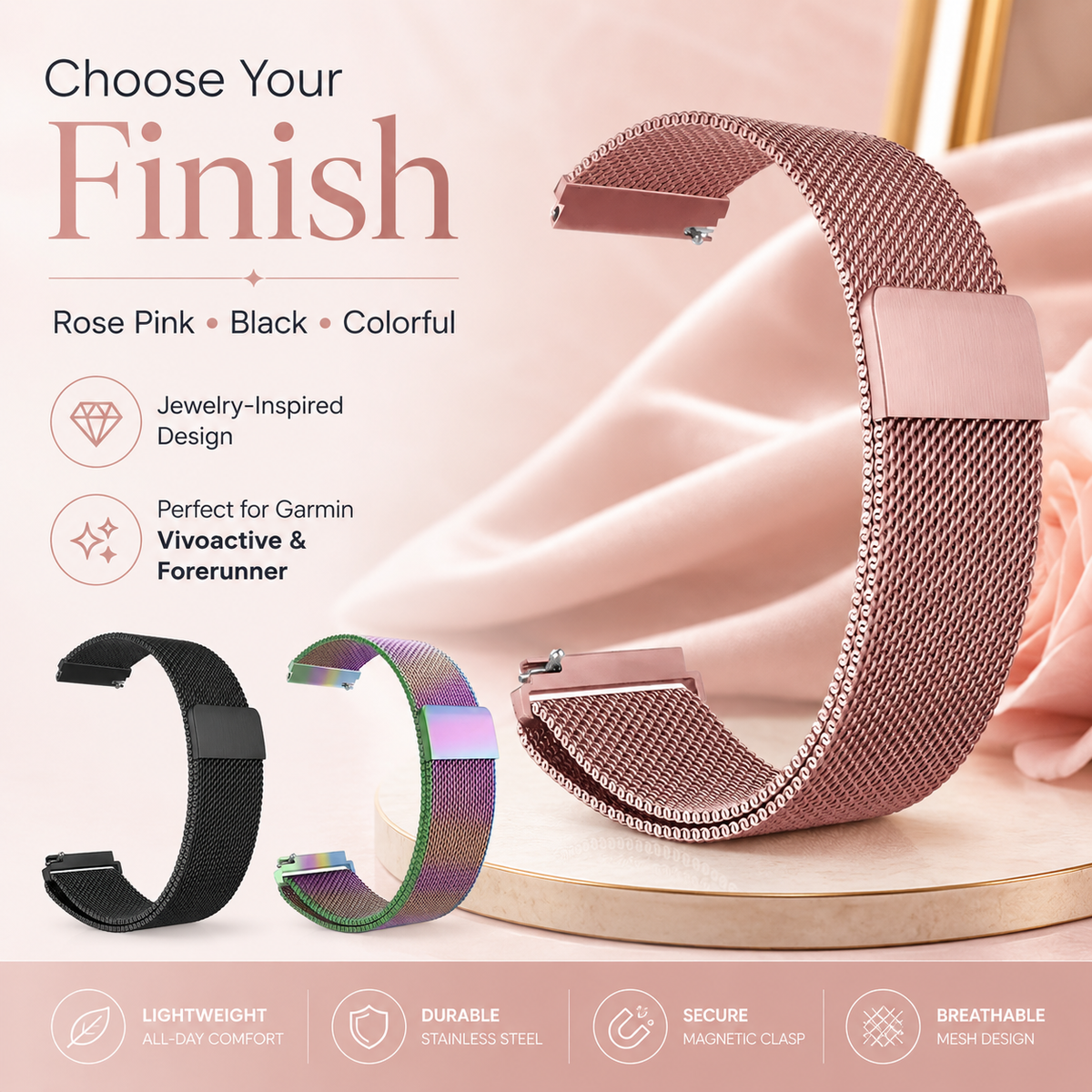Bracelet en maille milanaise métallique pour montre connectée Garmin Venu, bracelet de remplacement en acier, accessoire | Sulvida
