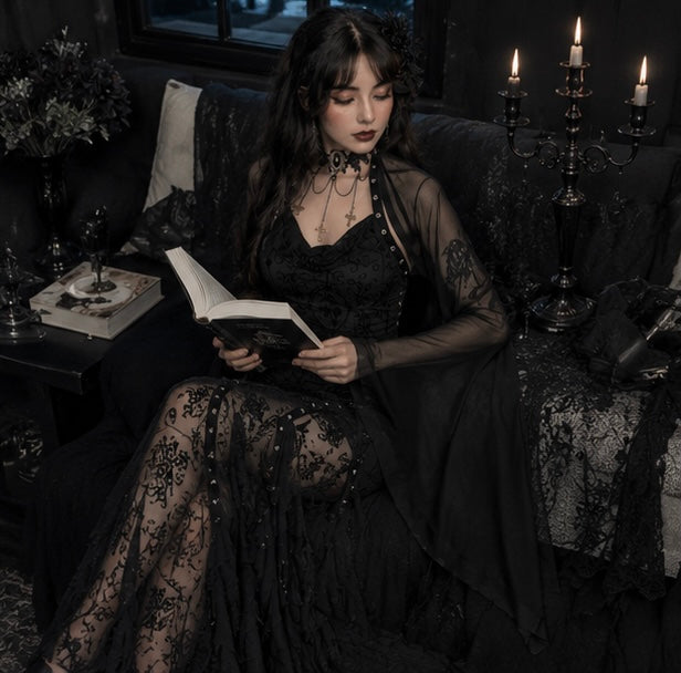 Doorschijnende Crop Top Mesh Heksenblouse met Vleermuismouwen Gothic Feesttop Zwart Party Fashion Dames | Sulvida