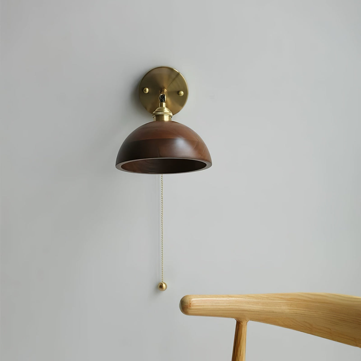 Vintage Wandlamp Hout met Trekschakelaar Dome Kap Messing E26 E27 Slaapkamer Woonkamer Warm Sfeerlicht Retro | Sulvida