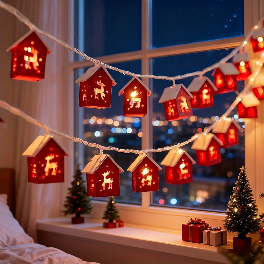Houten Huisjes Lichtslinger Kerst met Warm LED Licht Sfeerverlichting Winterdecoratie Snoer 200 cm Kerstdecoratie | Sulvida
