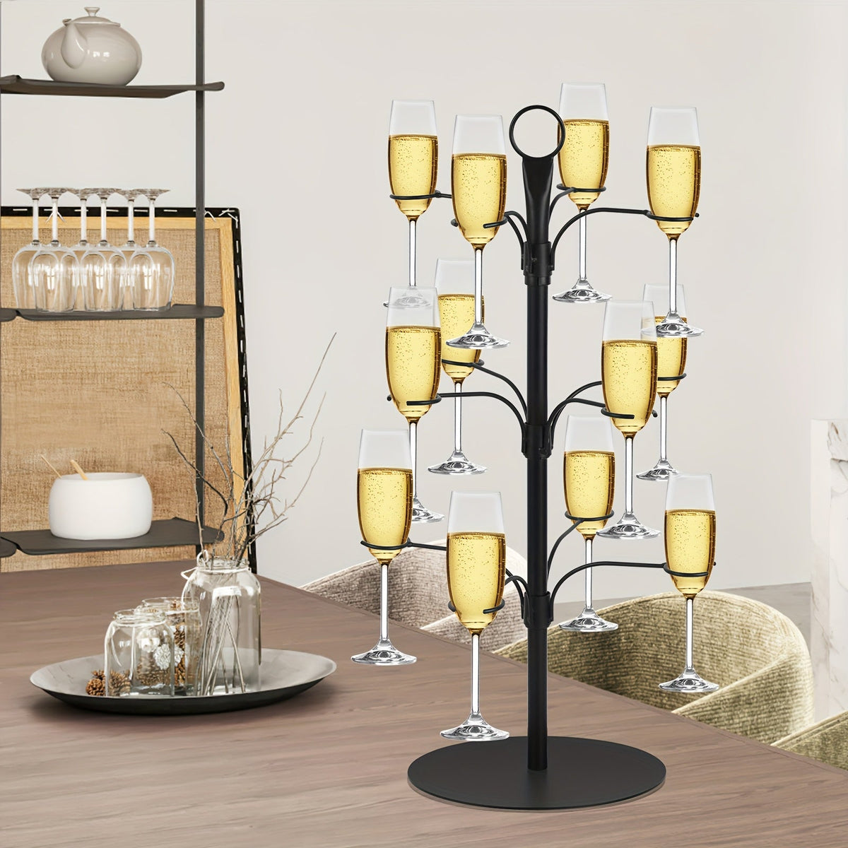 Metalen Glazenstandaard 12 Glazen Champagnehouder Drankenpresentatie Feesttafel Boomvorm Goud Zwart Stijlvol | Sulvida