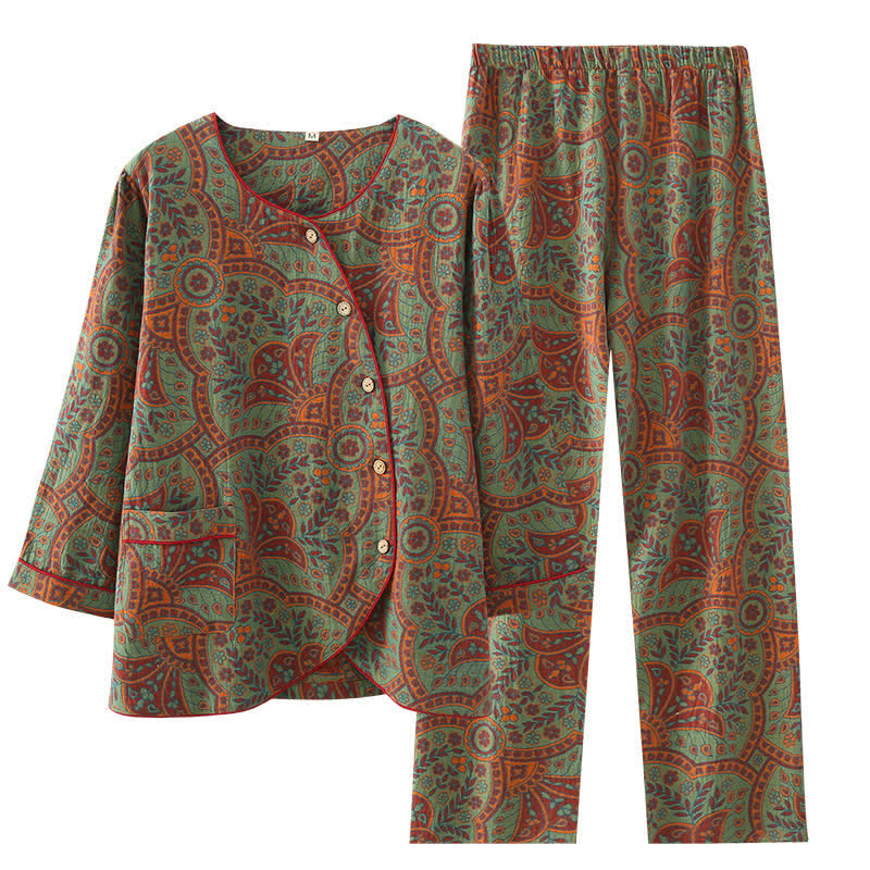 Vintage Jacquard Loungewear Set met Ronde Hals en Knopen – Zachte Katoenen Thuiskleding voor Dames en Heren, Comfortabele Pyjama voor Binnen | Sulvida