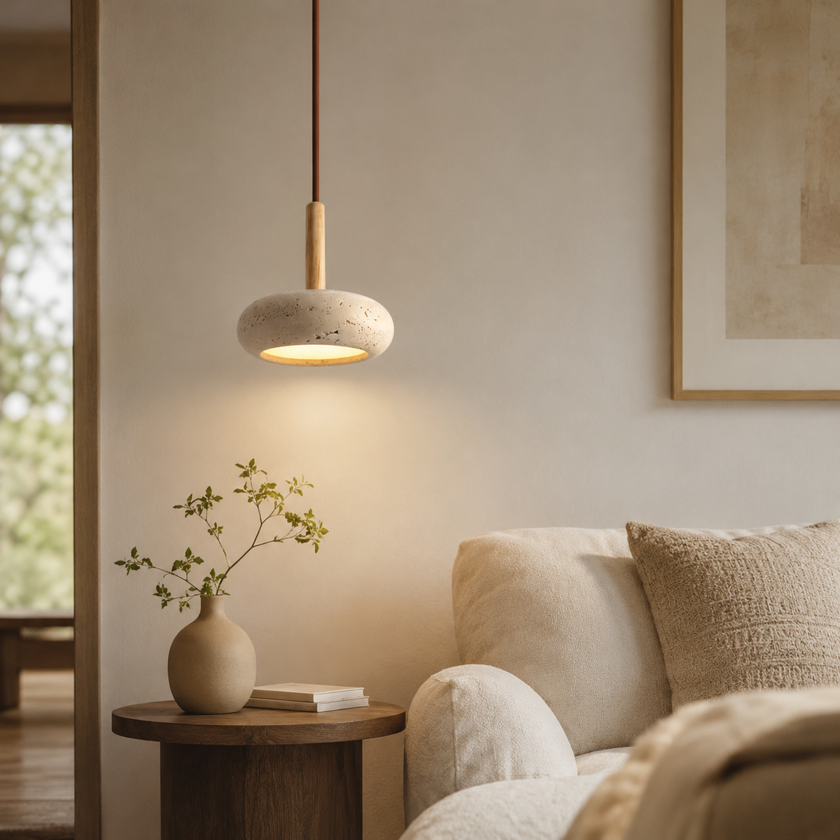 LED Hanglamp Japanse Stijl Houten Steen Kap Verstelbaar 15cm Warm Licht Natuurlijk Design Woonkamer Eetkamer | Sulvida