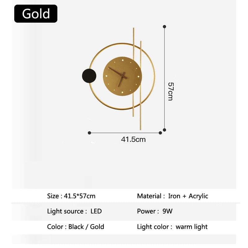 LED Wandlamp met Klok Zwart Goud Metaal Acryl Woonkamer Gang Studeerkamer Trap Modern Design Verlichting | Sulvida