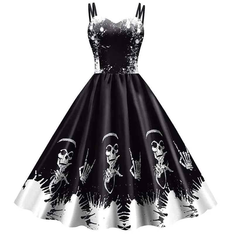 Gothic jurk met skeletten en rozen print zwart rood A-lijn feestjurk vintage stijl dames knie lang retro | Sulvida