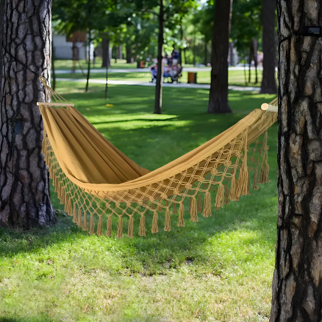 Hamac bohème en coton, réglable et stable, avec barres en bois, jusqu’à 200 kg, pour l’extérieur, idéal pour se détendre au jardin en été | Sulvida
