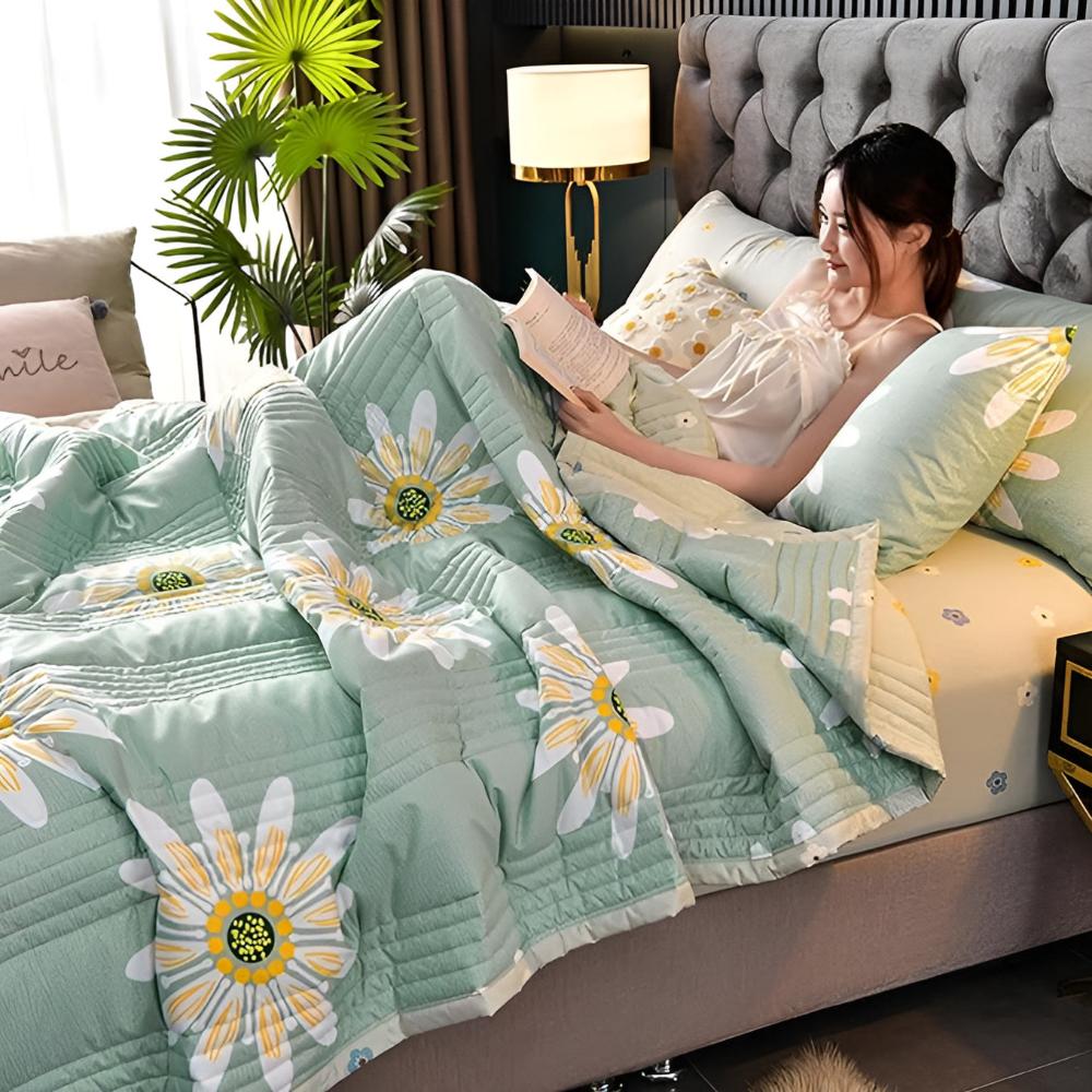 Dubbelzijdige plaid met madeliefjesmotief - zachte fleecedeken lamswol - groen geel decoratief woonkamer | Sulvida