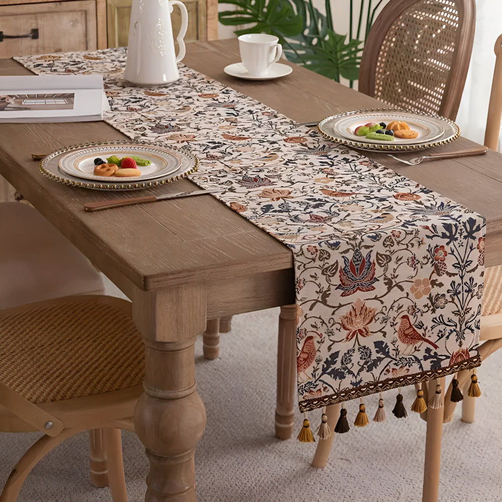 Jacquard Tafelloper met Vintage Vogelmotief en Kwastjes Landelijke Stijl Tafeldecoratie Eettafel Decoratie | Sulvida