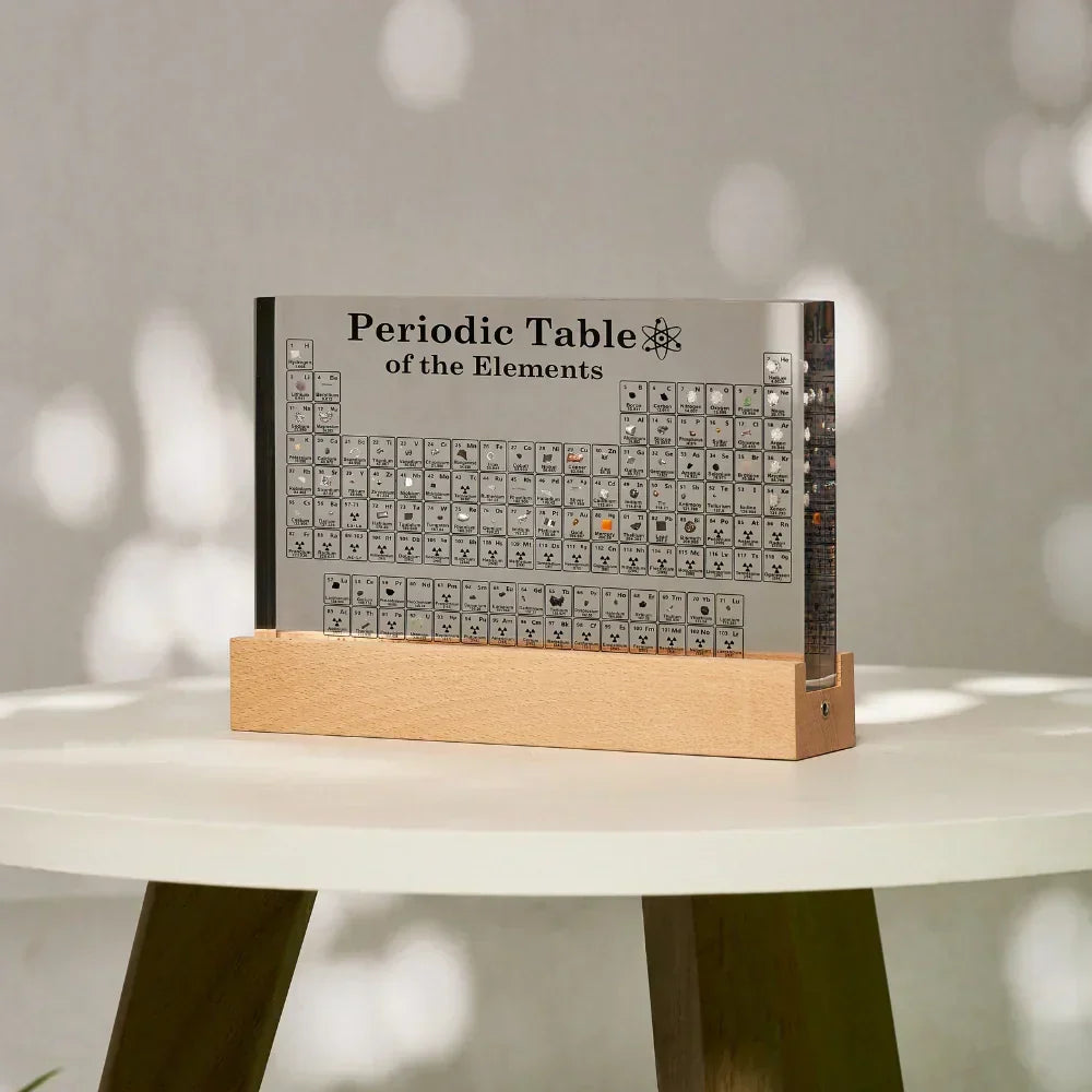 Verlicht Periodiek Systeem met 83 Echte Elementen Acryl Display Houten Voet LED Educatief Decoratief | Sulvida