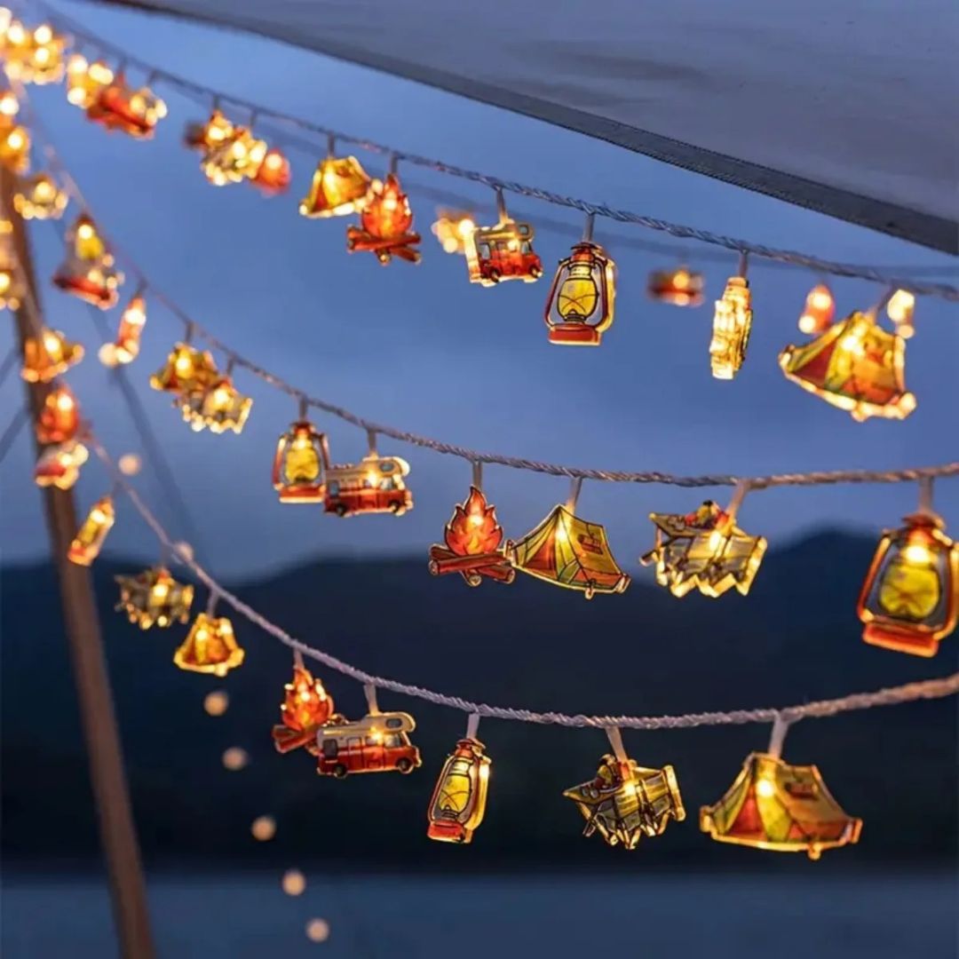 Campinglichtslinger met Tentmotieven Warm Wit LED op Batterijen 1,5m 3m 6m Sfeerlicht Outdoor Decoratie | Sulvida