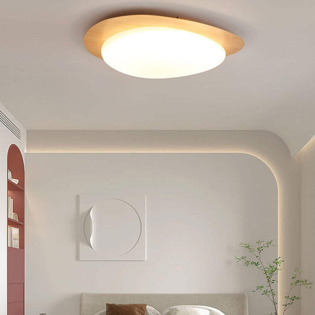 LED plafondlamp met houtafwerking ovaal Scandinavisch design dimbaar warm neutraal koel licht woonkamer | Sulvida