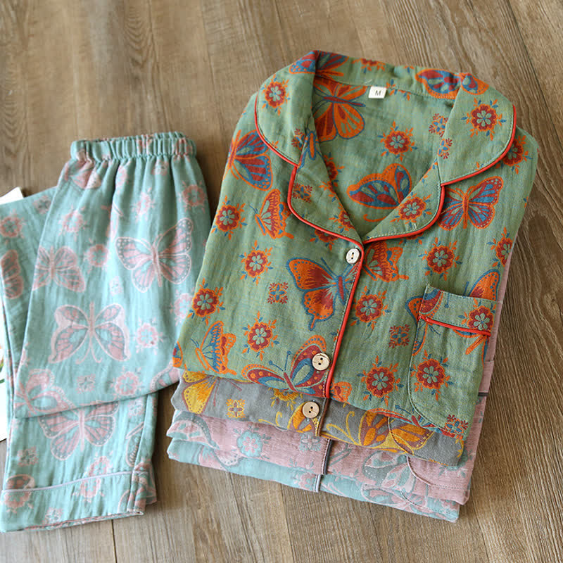 Vintage Vlindermotief Katoenen Loungewear Pyjama Set met Lange Mouwen voor Comfortabele Ontspanning Dames Thuiskleding Nachtkleding Huispak | Sulvida