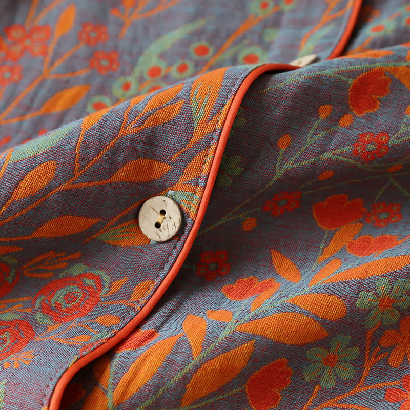 Vintage Loungewear Set met Blaaddessin - Katoenen Pyjama met Klassiek Jacquardpatroon voor Dames en Heren - Comfortabele Homewear | Sulvida