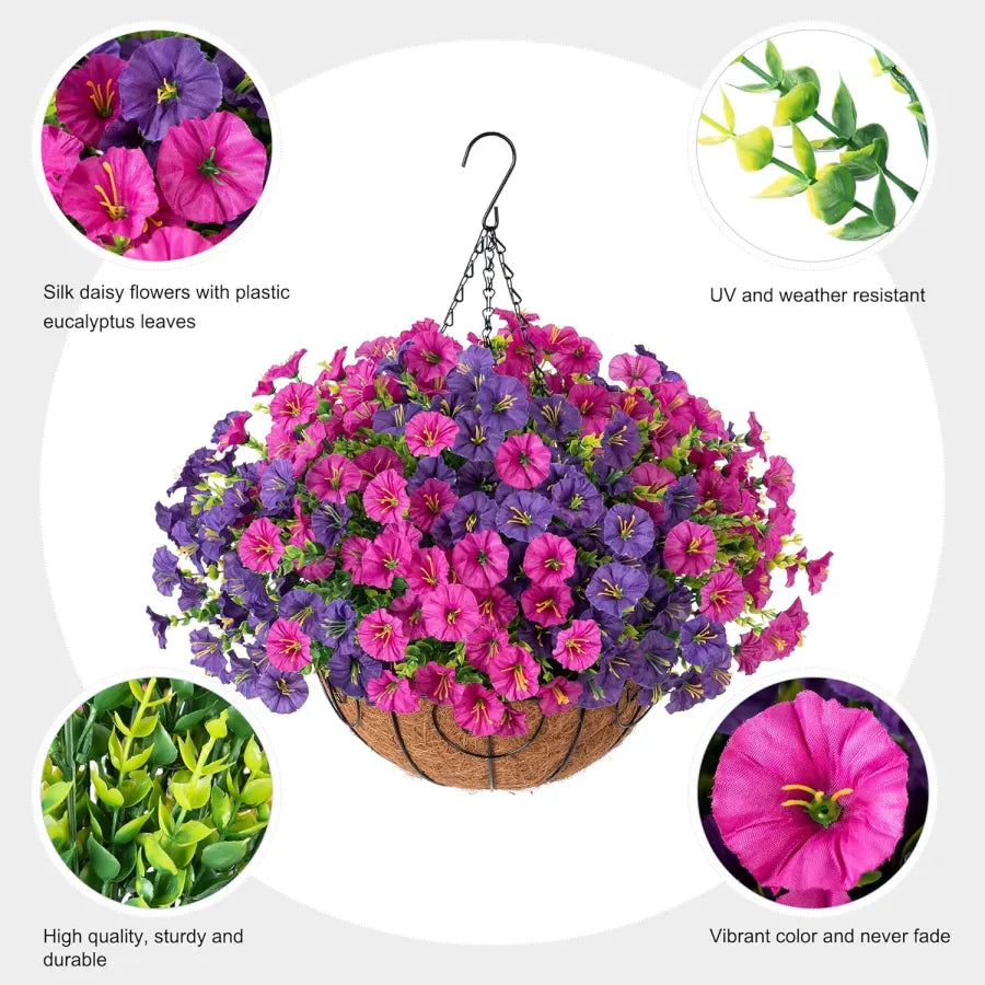 Panier suspendu de fleurs artificielles en soie et en plastique, résistant aux UV, pour décoration extérieure de balcon, terrasse, jardin et mur | Sulvida