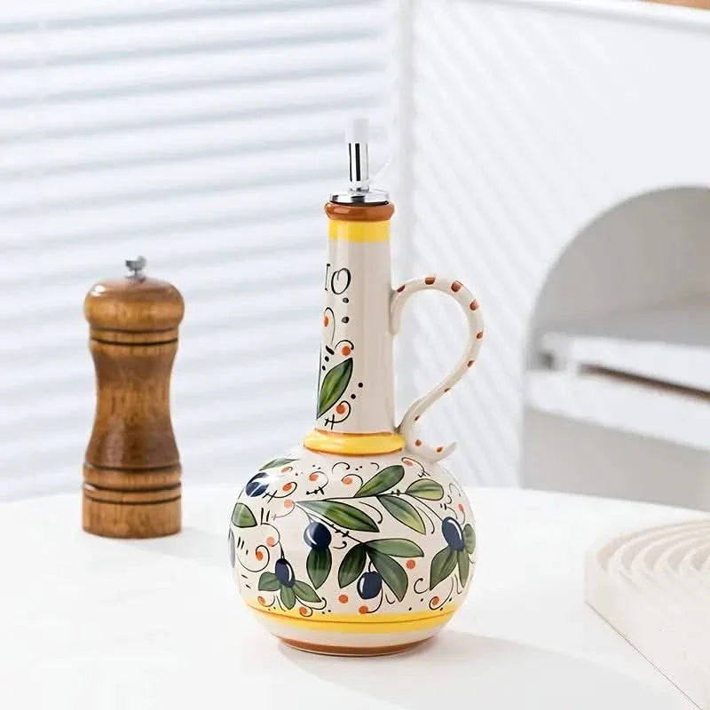 Keramische Olijfolie Dispenser Italiaans Design Handgeschilderd Bloemmotief 700ml Premium Keukenservies Tafel | Sulvida