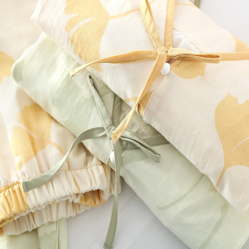 Loungewear-set van katoen met ginkgo-bladmotief en strikdetail – comfortabele tweelaagse gazen pyjamaset met zakken voor dames, ideaal voor lente, zomer en herfst | Sulvida