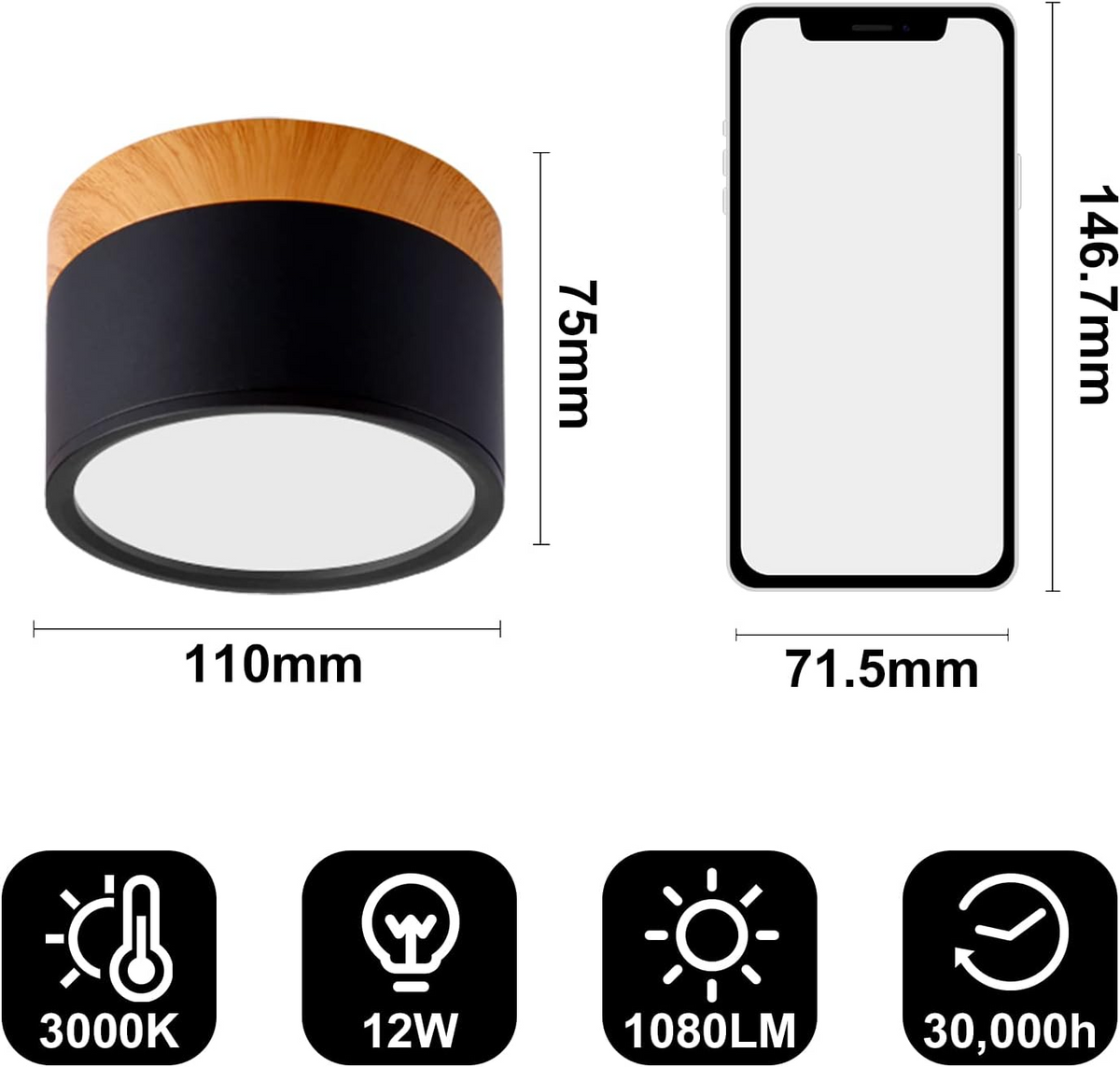 Compacte plafondspot aluminium hout rond warm wit LED verlichting hal woonkamer eetkamer modern Scandinavisch | Sulvida