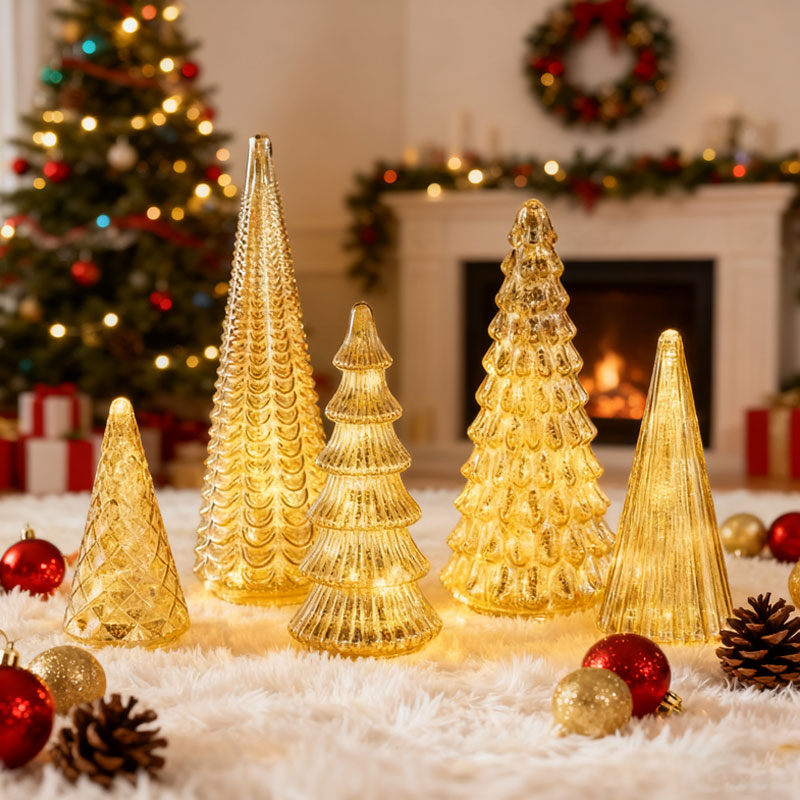 Set van 5 Glazen Kerstbomen met LED-verlichting en Timer – Feestelijke Decoratie Winterseizoen Woonkamer | Sulvida