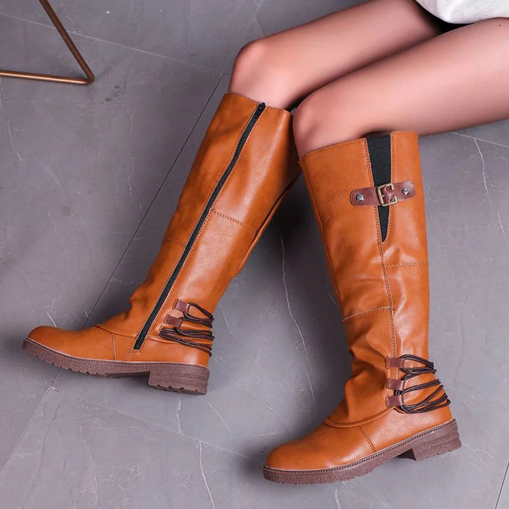 Leren Ritslaarzen voor Dames Vintage Comfortabel Halfhoog Winterschoenen met Warme Voering en Platte Zool | Sulvida