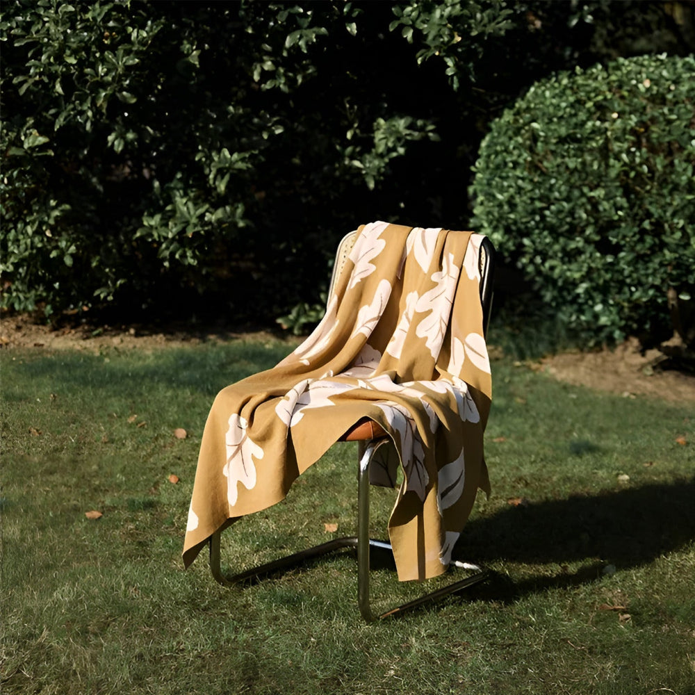 Gebreide Katoenen Plaid met Bladpatroon 130x160 cm Jacquard Deken voor Bed Bank Natuurlijk Botanisch Design | Sulvida