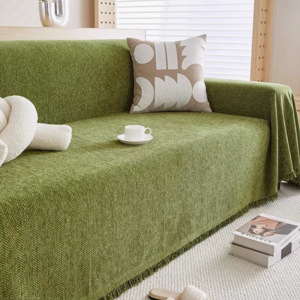 Bankhoes Chenille met Kwastjes Groen Grijs Blauw Oranje Crème Waterafstotend Huisdieren Afwasbaar Duurzaam | Sulvida